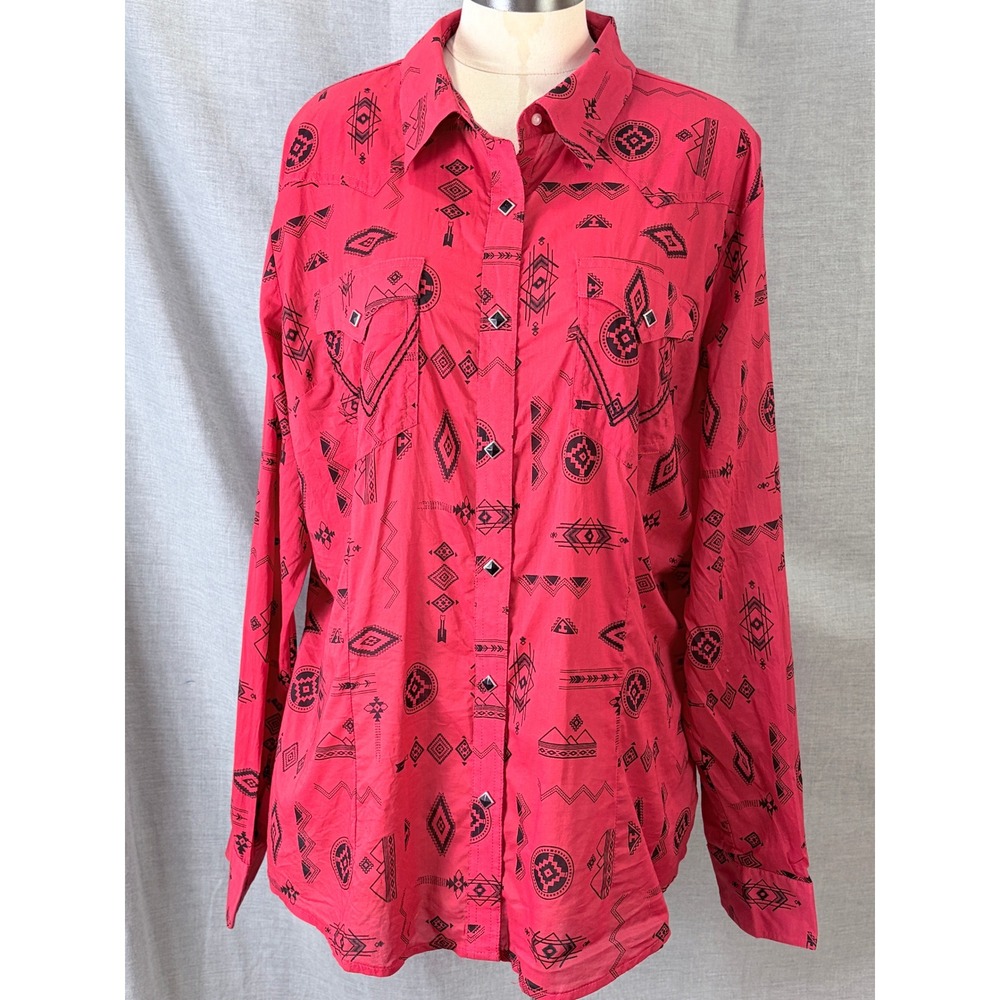Wrangler Retro Mens Tribal Geometric Snap Western Shirt Red‎ Black XXL Cowboy